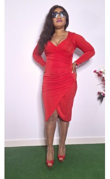 tight red dress, wrapped, long sleeves