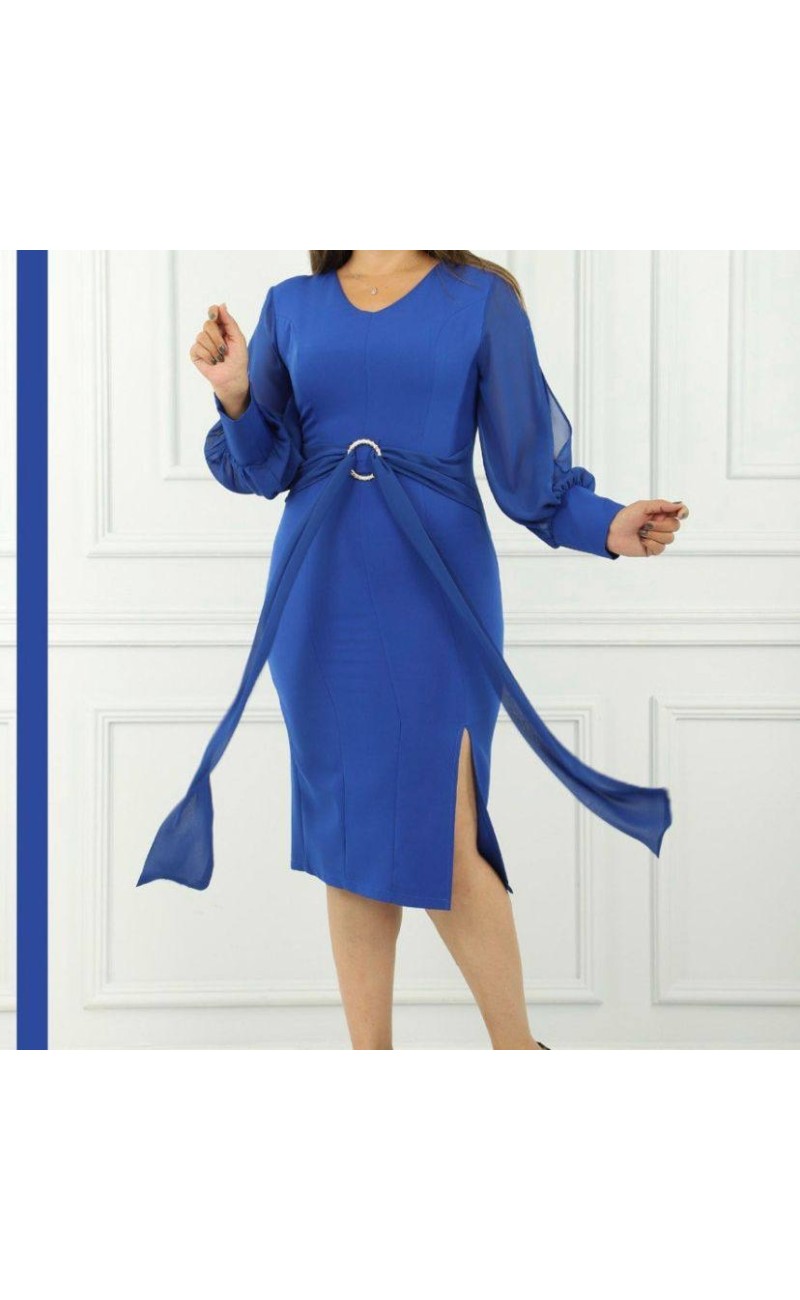 robe bleu , manches en voile et ceinture fente de côté
