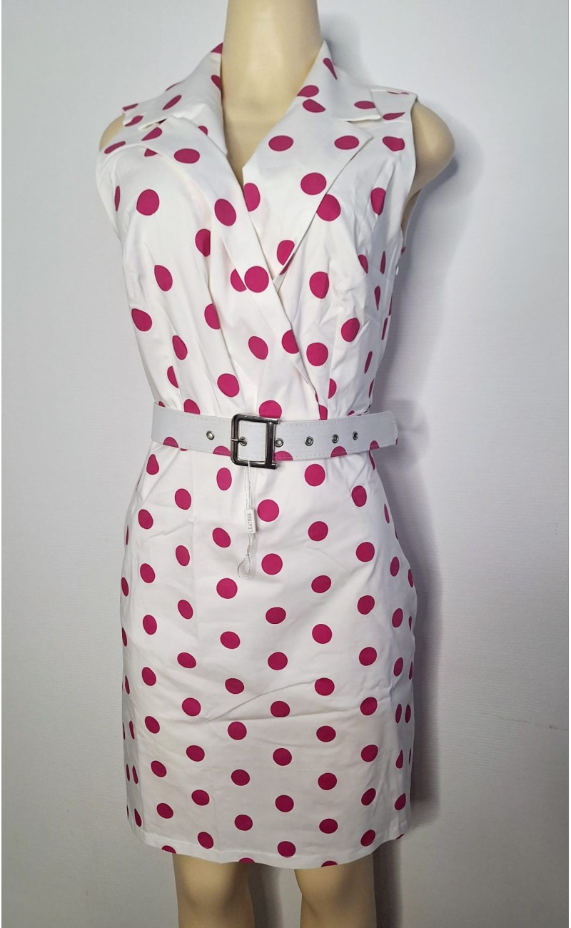 white dress with red spots, no sleeves, belt