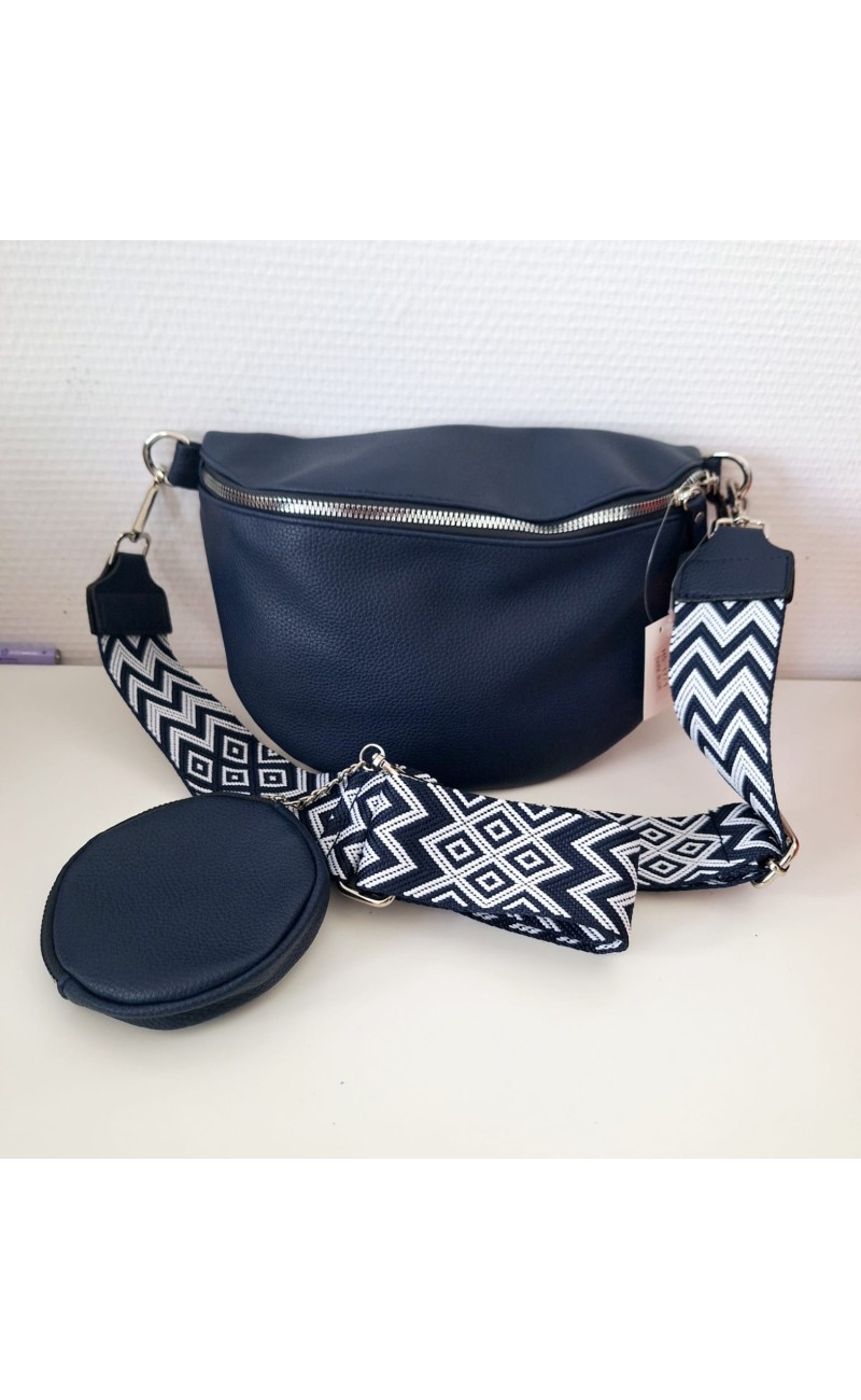 navy blue bag with shoulder strap
