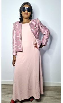pink evening dress, long sleeves, two parts