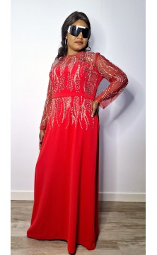 red evening dress with pearls, long sleeves