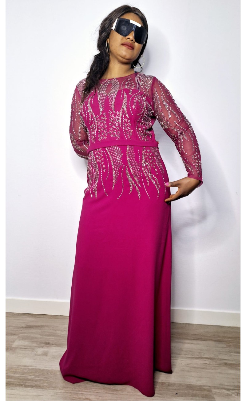 purple evening dress with pearls, long sleeves