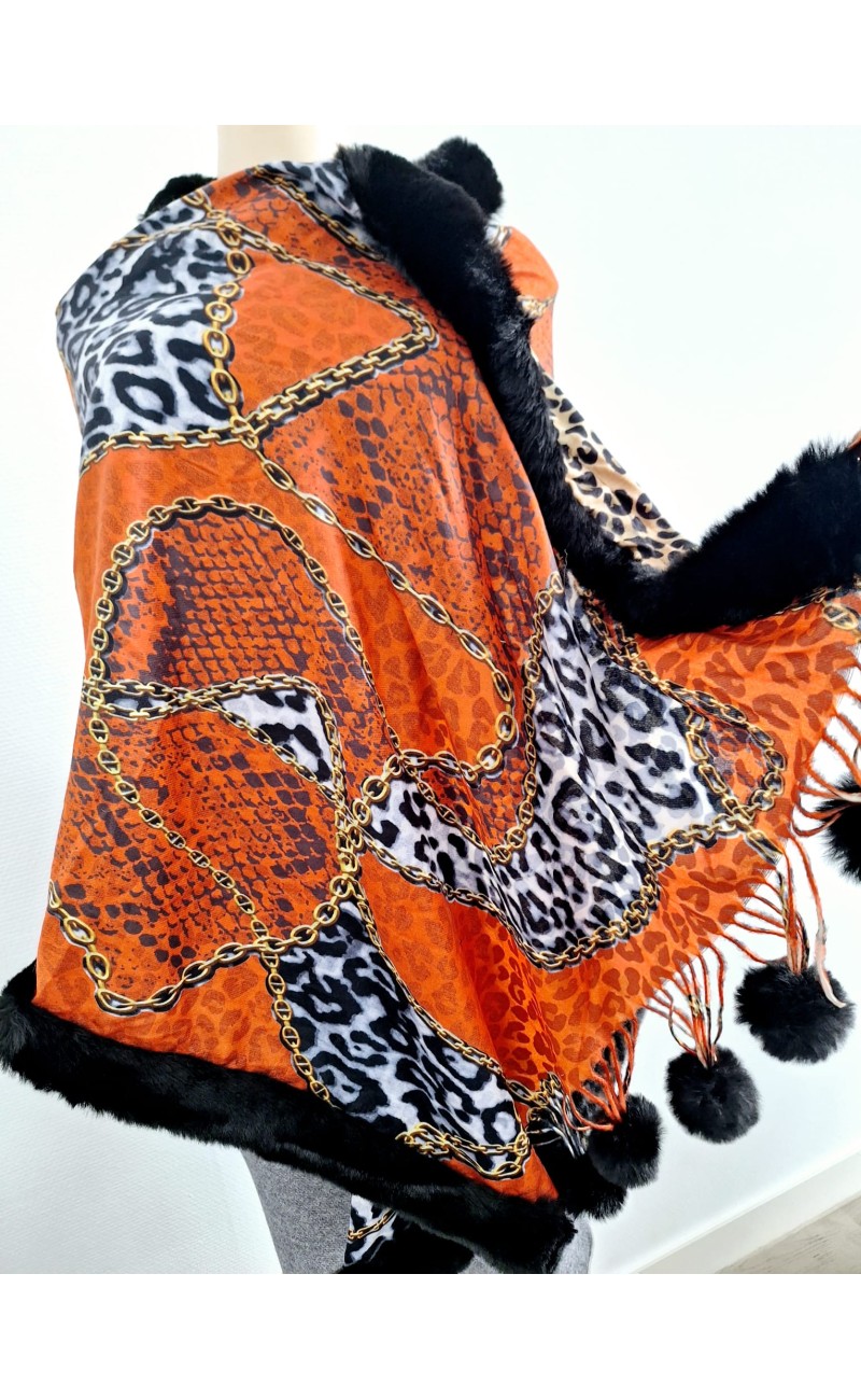 orange shawl with leopard design