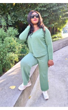 Ensemble pantalon vert olive col V taille unique
