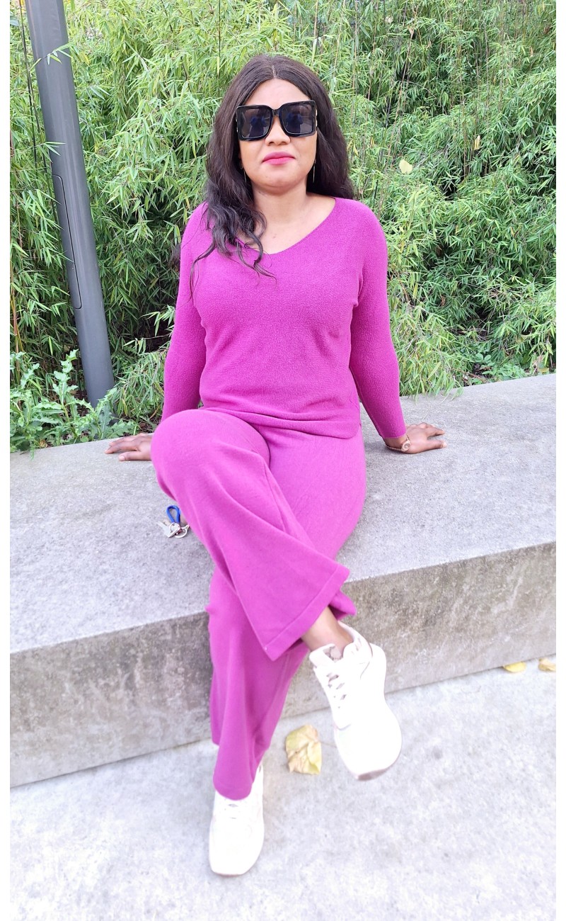 Ensemble pull rose fuchsia ,col V taille unique