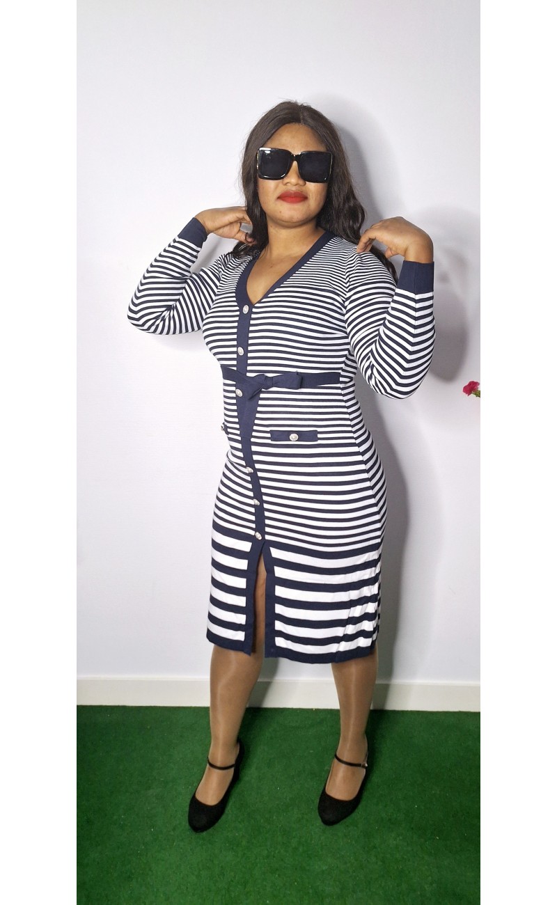 White dress with blue stripes, buttons, one size