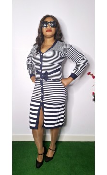 White dress with blue stripes, buttons, one size