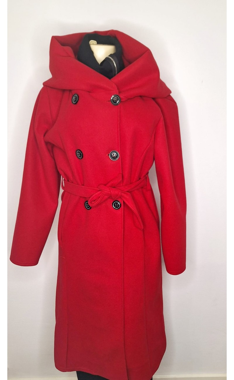 Red hooded coat with belt, one size