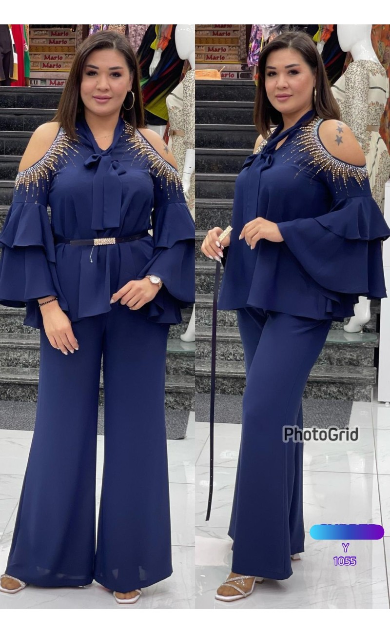 navy blue combination , trousers and shirt open shoulder with pearls