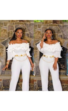 Ensemble pantalon blanc ,col froncé et manches / ceinture