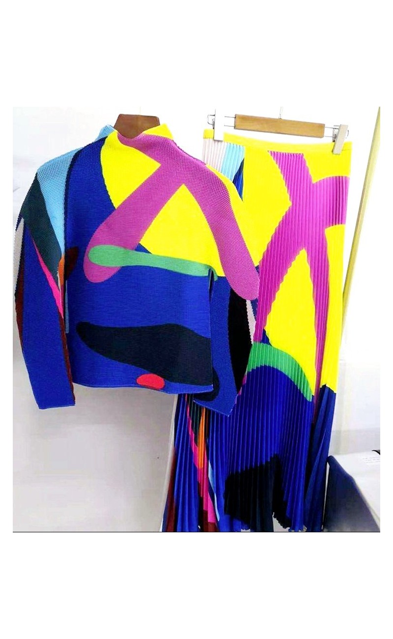 Ensemble jupe plissé multi couleurs ,longues manches