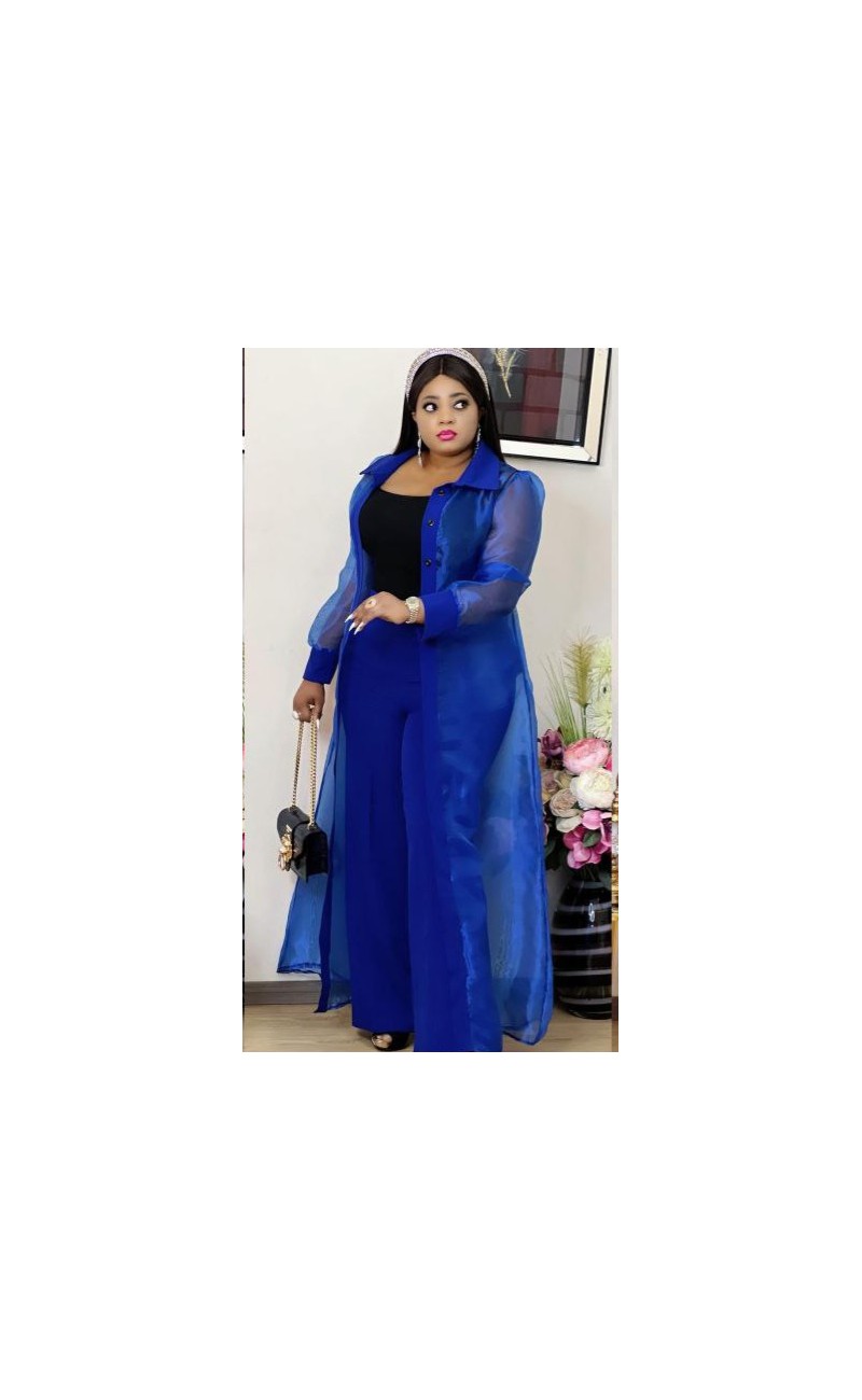 Ensemble pantalon  bleu / longue veste en organza