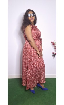 Robe fleurie rouge sans manches avec ceinture