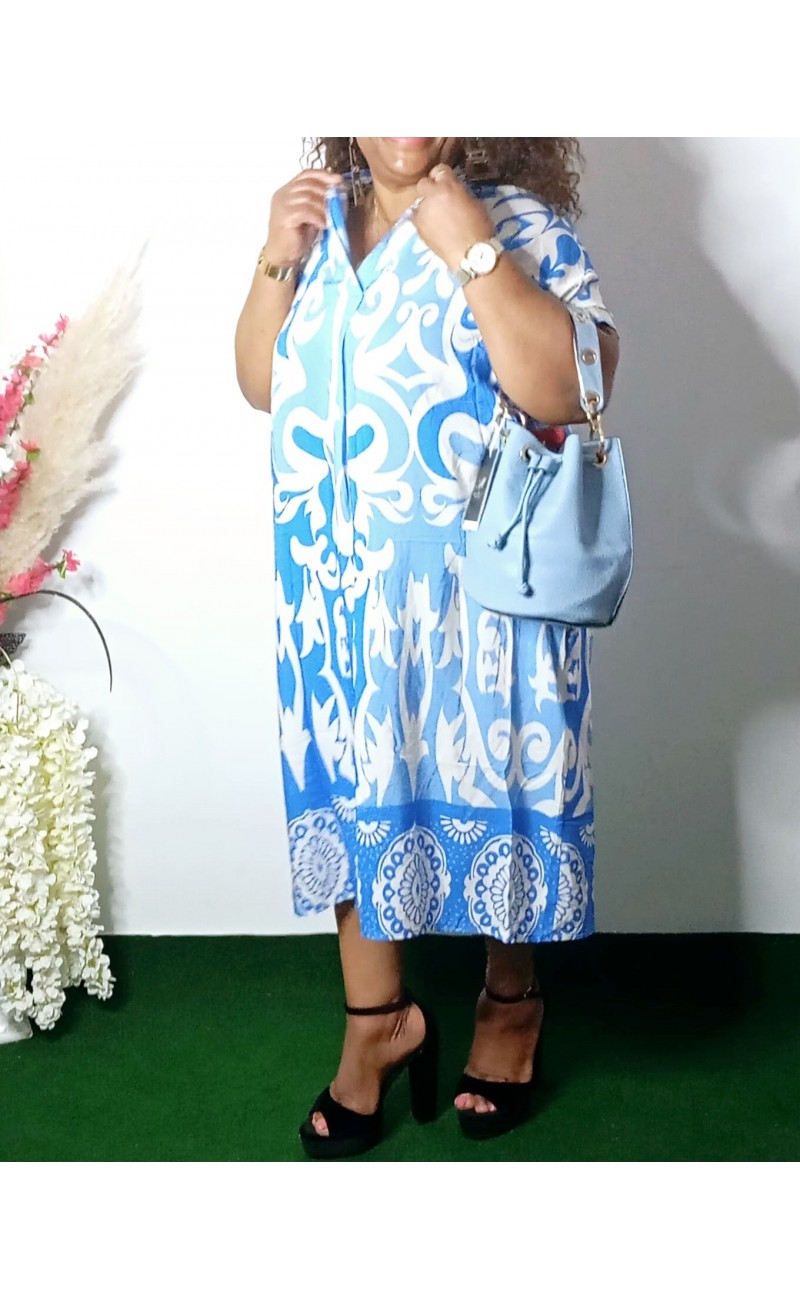 Blue flowered dress with short sleeves, one size