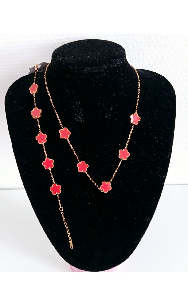 Combination of necklace and bracelet : red flowers, stainless steel