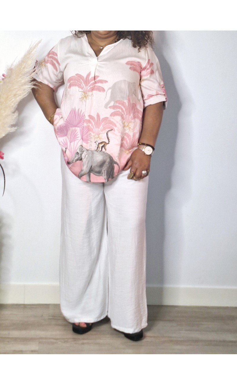 Ensemble Pantalon  Rose Fleuri /Blanc  Grande Taille ,En Taille Unique