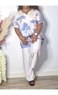 Ensemble Pantalon Bleu Fleuri/Blanc Grande Taille / En Taille Unique