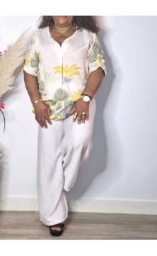 Ensemble Pantalon Grande Taille Jaune Fleuri /Blanc En Taille Unique