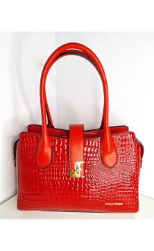 Red crocodile print handbag