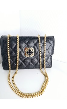 Black handbag with gold strap