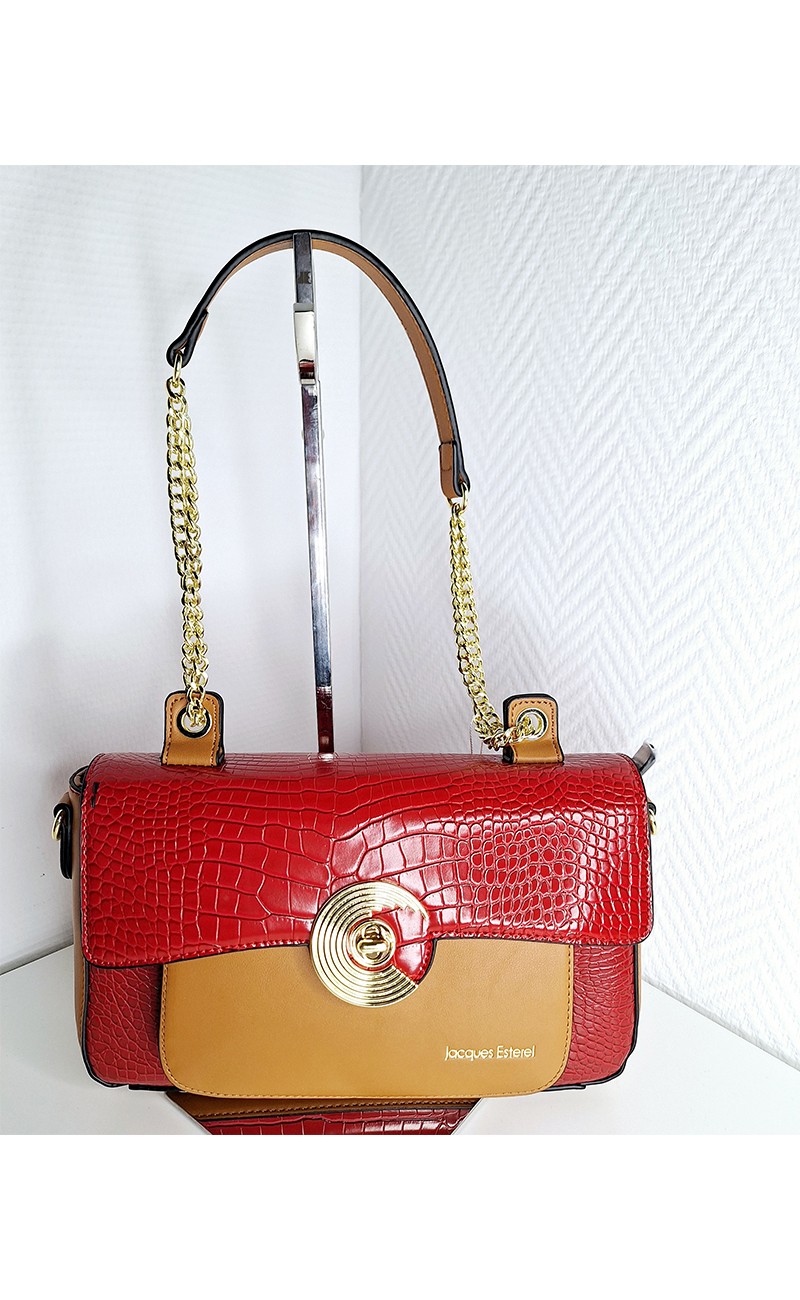 Red handbag with gold shoulder strap