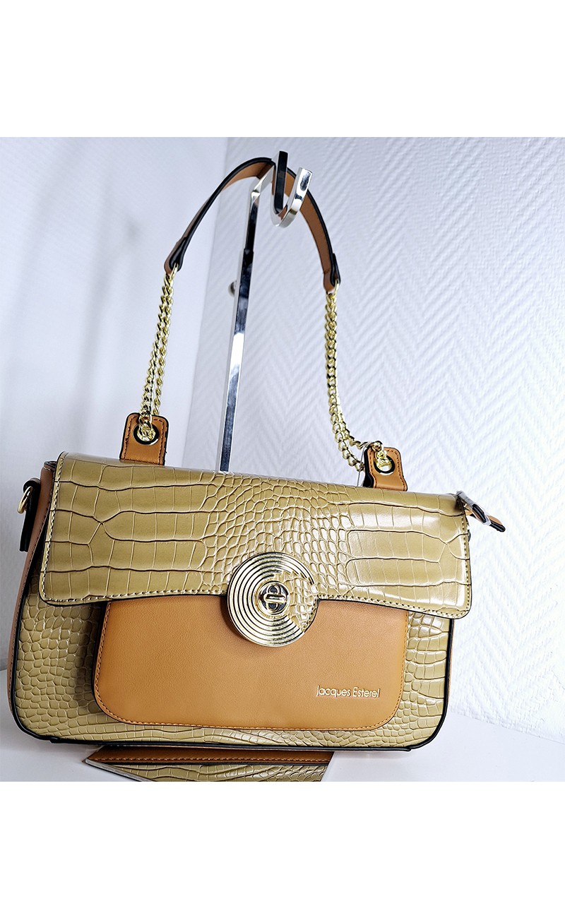 Beige handbag with gold shoulder strap