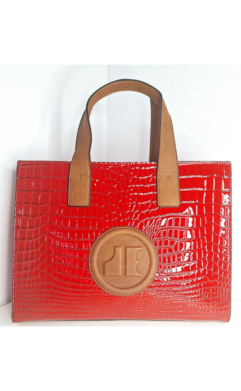 Red crocodile print handbag
