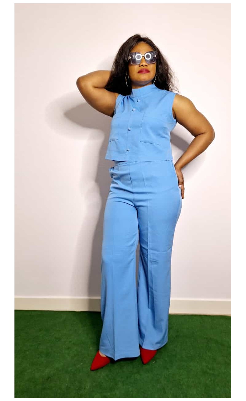 blue outfit with high middle and shirt without sleeves