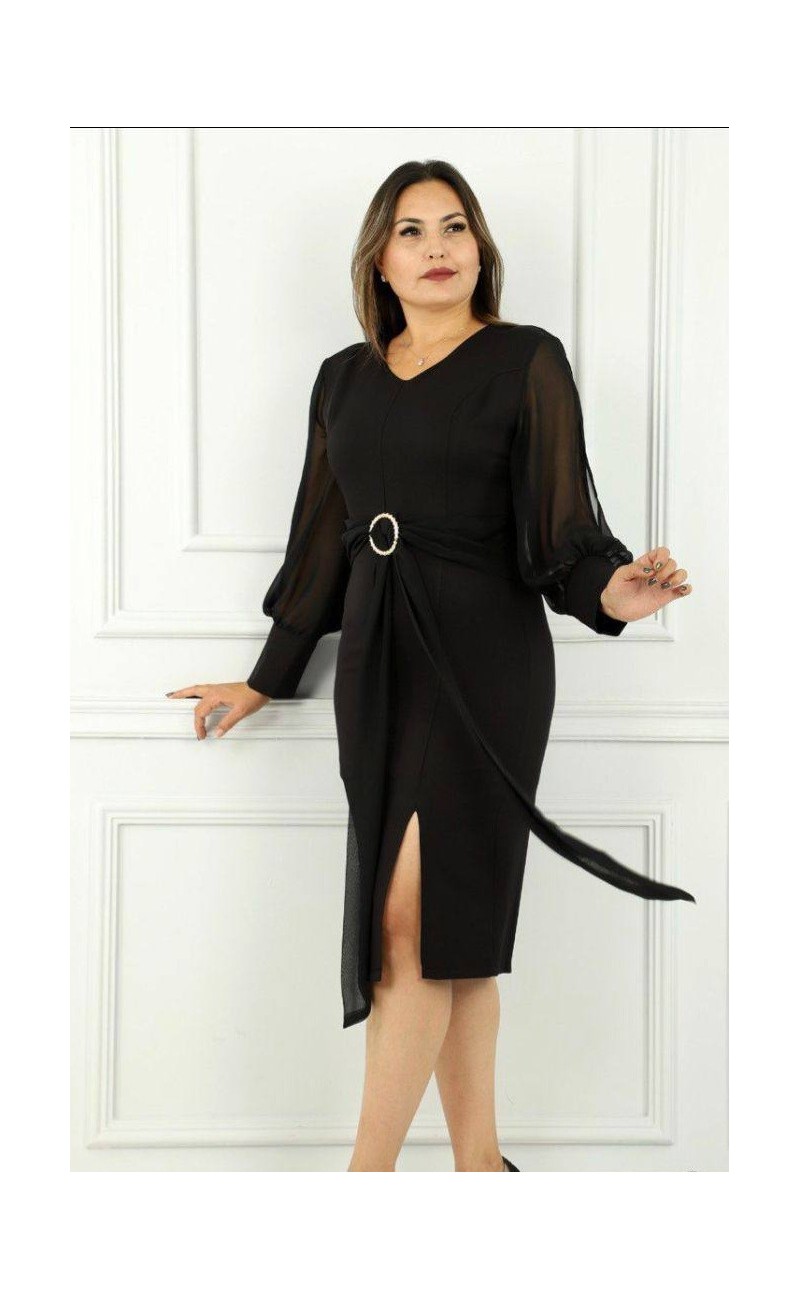 black dress, split, long sleeves, ribbon with button sewed on the dress
