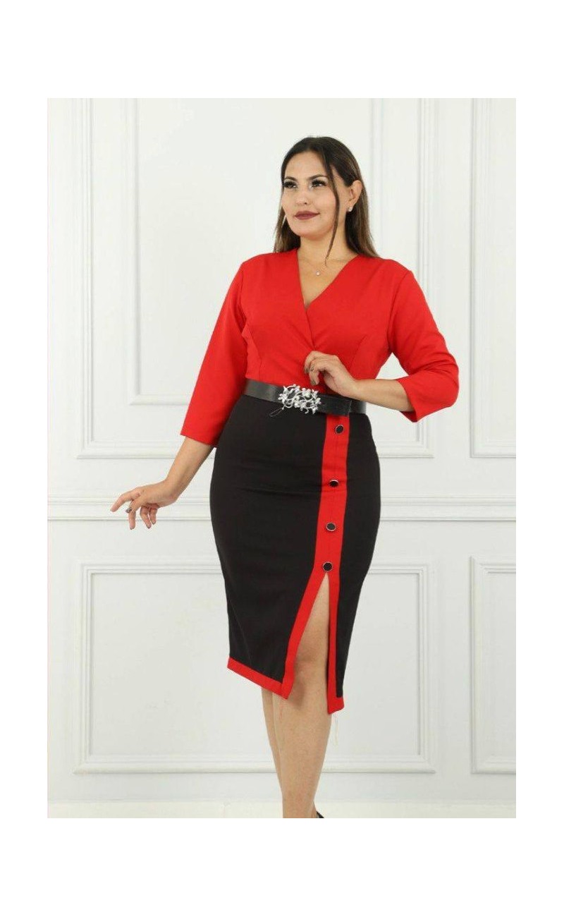 Red/black dress and split with buttons on the side plus belt