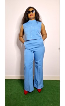 blue outfit with high middle and shirt without sleeves