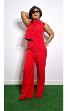 Red combination, pants high middle, shirt without sleeves,  zipper on the back