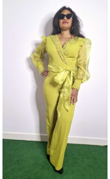 olive green combination, long sleeves organza with pearls, belt organza