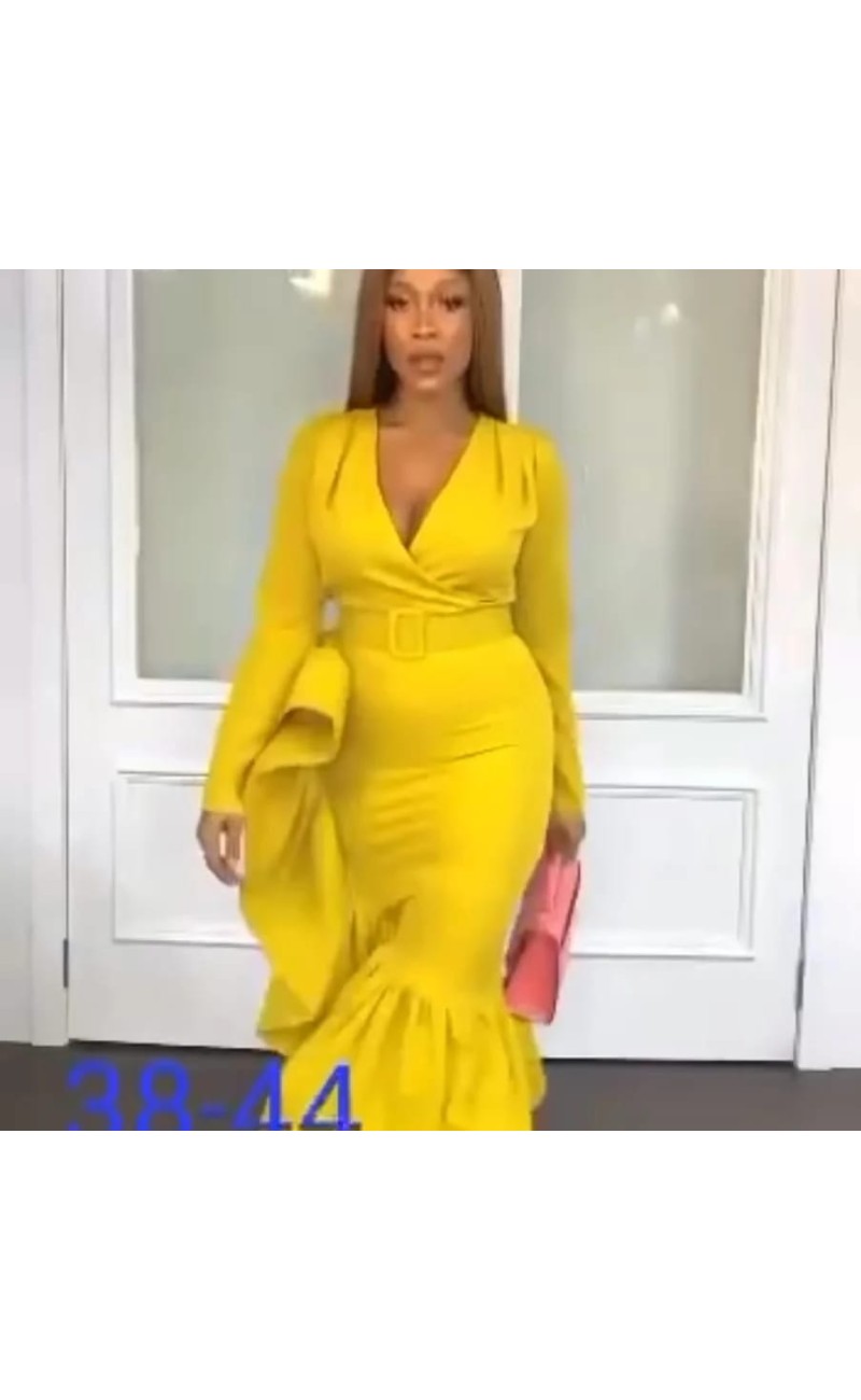 yellow dress, ornament on the side, long sleeves, 'v' collar