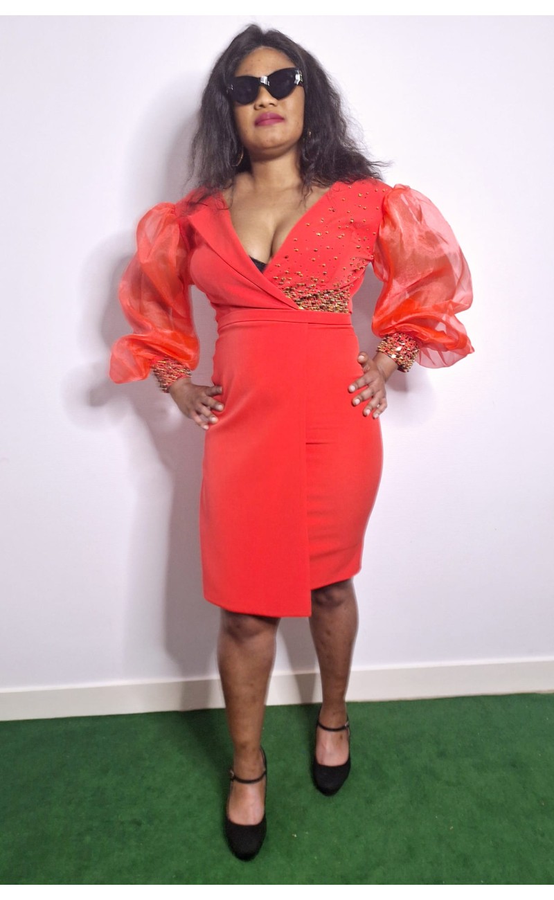 orange overlap dress, organza sleeves with pearls