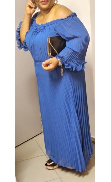 blue folded dress, unique size, foldings on sleeves and collar