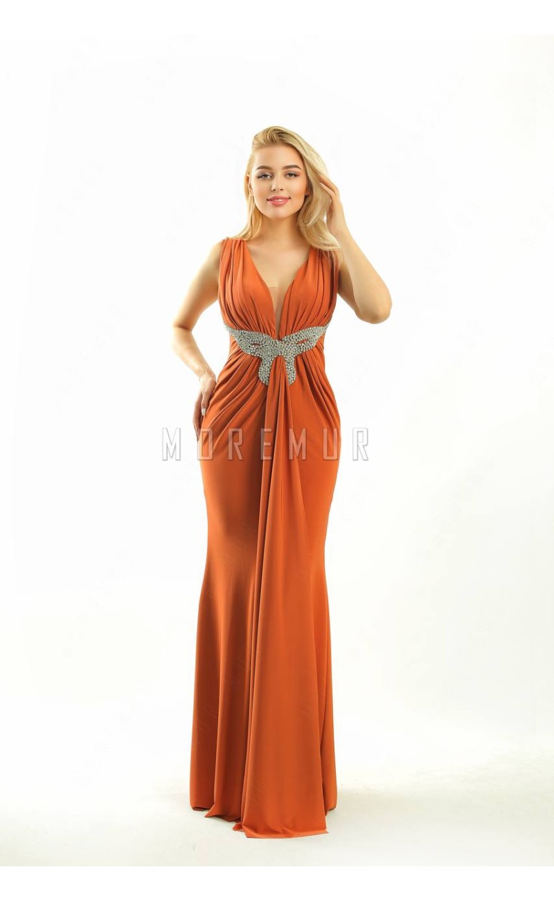 orange evening dress with pearls and veil
