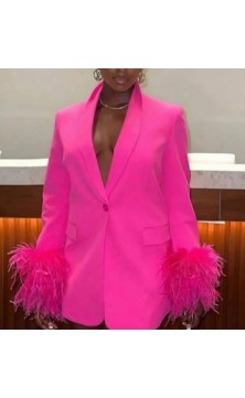 pink set trousers/jacket with feathers on the sleeves