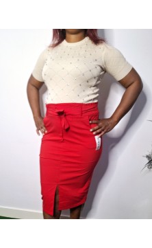 red skirt with split, belt,...
