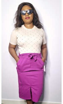 jupe mauve, taille haute, ceinture, poche et fente