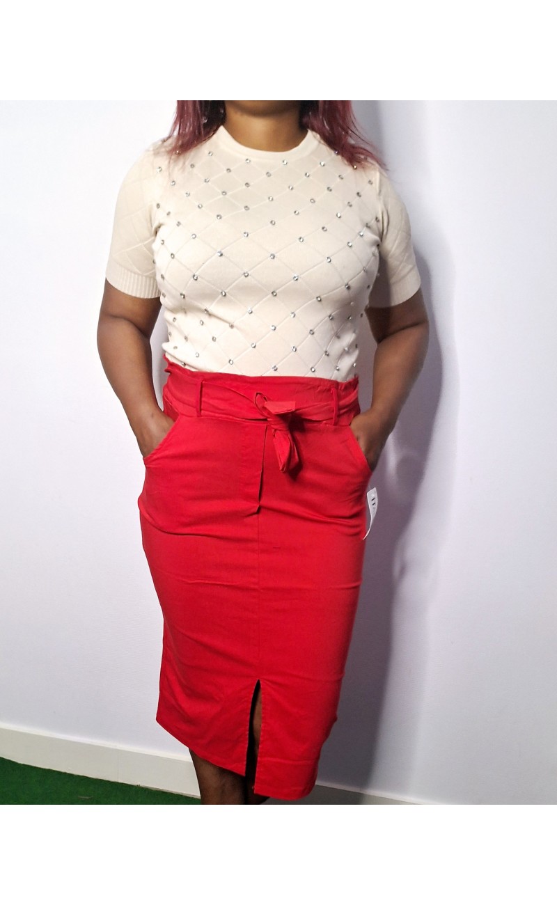 red skirt, high middle, pockets, split, belt