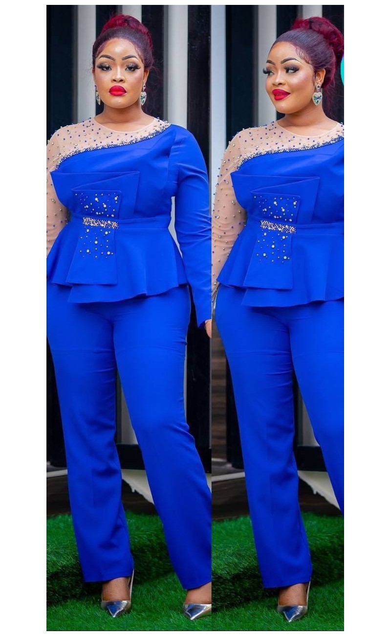 set with blue high trousers and skirt with pearls and long sleeves