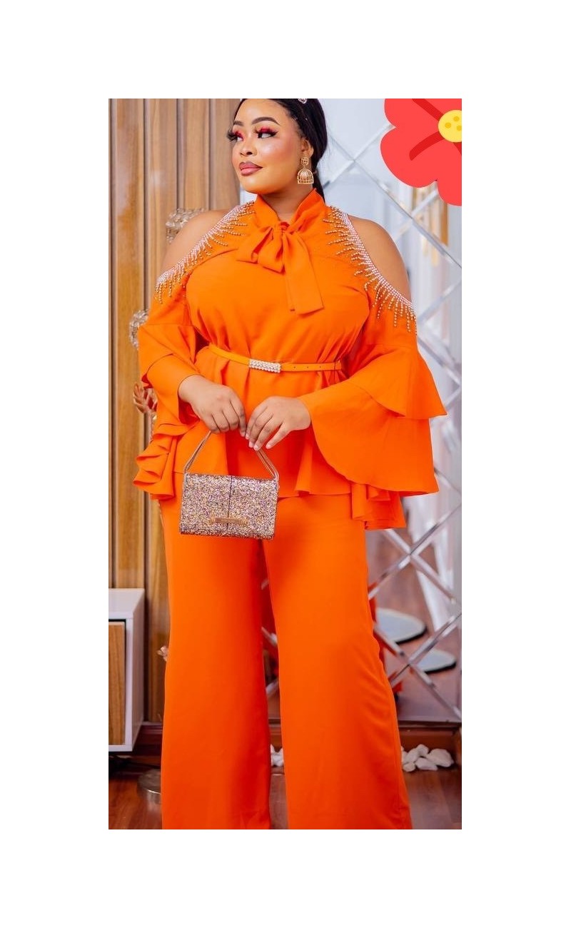 orange set, open shoulders with pearls