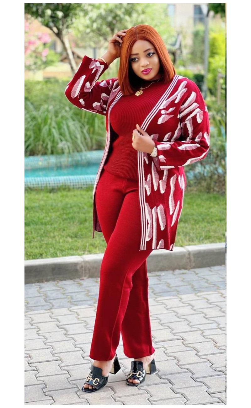 bordeaux rode set van broek en pull, driedelig, unieke taille