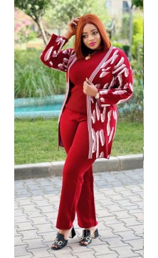 bordeaux rode set van broek en pull, driedelig, unieke taille