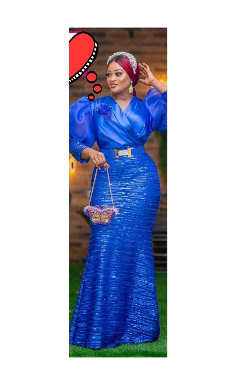 blue evening dress with belt, organza sleeves
