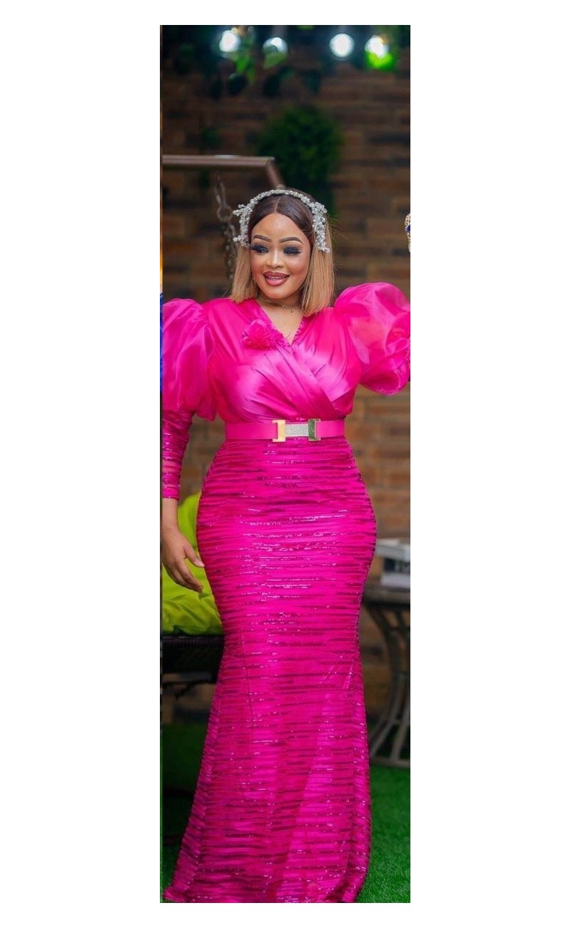 pink evening dress with belt, organza sleeves