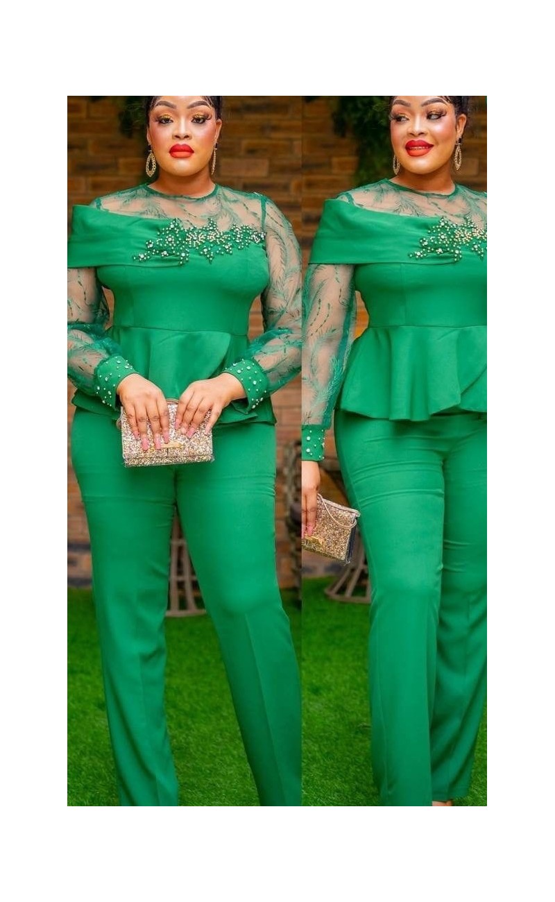 green set with trousers, upper side serrated, long organza sleeves