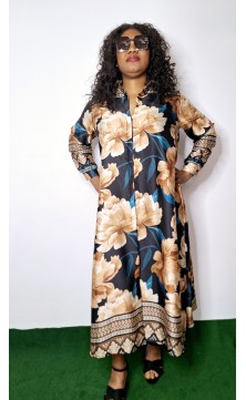 big flowered dress, black/gold accent, unique size